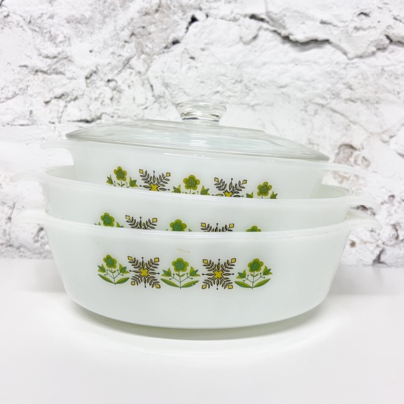 VINTAGE Anchor Hocking Fire King Round Casserole Green Meadow set of x3 - Picture 1 of 9